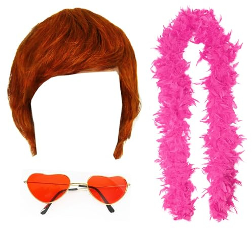 Farewell Tour Accessory Set - Ginger Wig, Red Heart Glasses and Rainbow Feather Boa - Adults 3 Piece Concert Pop Rock Icon Fancy Dress Accessory Set