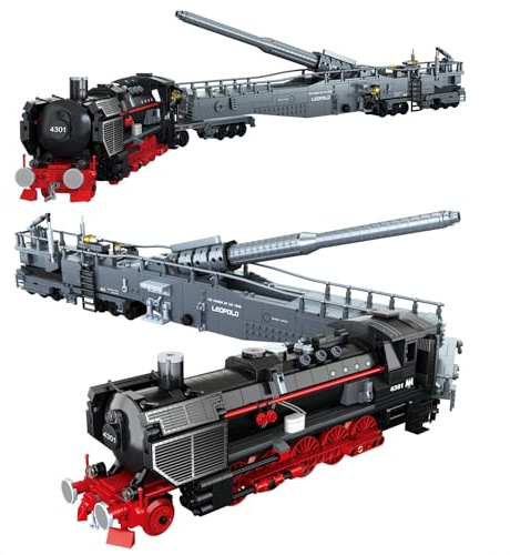 Ebortsin Klemmbausteine Zug Set, K5 Leopold Zugkanone Eisenbahn Zug Bausteine, WW2 Klemmbausteine Lokomotive mit Schienenbasis, Geschenk für Kinder und Erwachsene, 1631 Teile