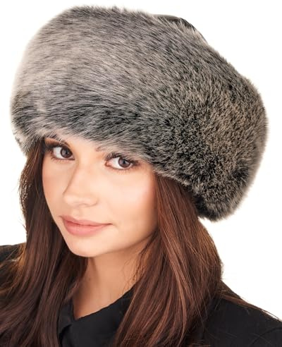 Futrzane Siberian Mütze mit Fellrand - Fellmütze Damen - Pelz und Leder Hut (L, Schwarz - Grau Siberian)