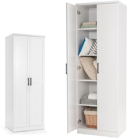 KOMFOTTEU Mehrzweckschrank mit Doppeltür, Aufbewahrungsschrank Hochschrank Holz mit verstellbaren Einlegeböden, Haushaltsschrank Garderobenschrank 59x43,5x178cm (Weiß)