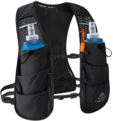 Haimont Running Hydration Vest with 2 TPU Soft Flasks, 5L Lightweight Runner Vest Pack for Women Men, Trail Running, L, Black