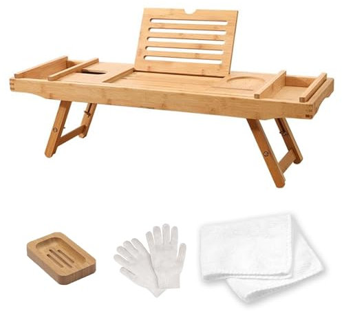 Trekis Spring Bath Tray – Extendable/Foldable Bamboo Bath Caddy Tray for Bathtub with Exfoliating Gloves, Non-Slip Pads with Built-in Holder for Glass Candle, iPad Tablet, Phone-Bathroom Accessories