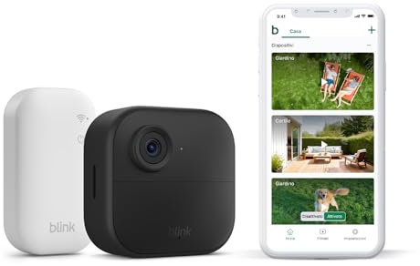 Videocamera Blink Outdoor 4 (Ultimo modello) - Videocamera di sicurezza smart HD wireless, autonomia di due anni, compatibile con Alexa - Sistema a 1 telecamera con Sync Module Core incluso - IP65