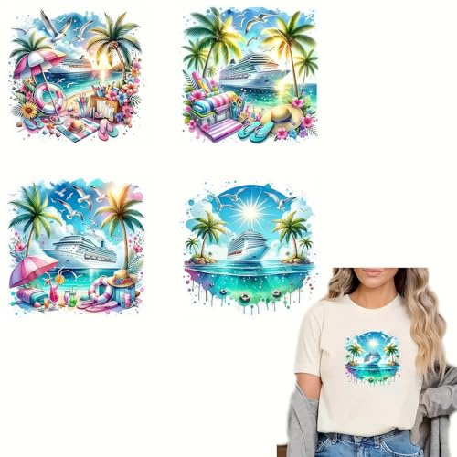 4PCS Tropical Beach Palms Coconut Tree Seagull Iron On Transfers for T-Shirts Rub on Transfers Stickers Vinyl Ready to Press Stickers Iron on Decals for T-Shirts Clothing Hoodie DIY Crafts
