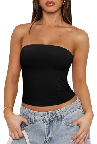 REORIA Women Sexy Tube Top Summer Y2K Double Lined Strapless Backless Sleeveless Crop Tank Top 2025 Going Out Outfits Black Medium