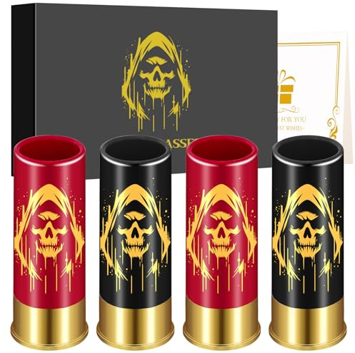 Skull with Hat Plastic Shot Glasses Set of 4 with Gift Box for Men Women Gothic Fans Wedding Party Birthday Halloween 12GA Small Shot Cups Plastic Black Red
