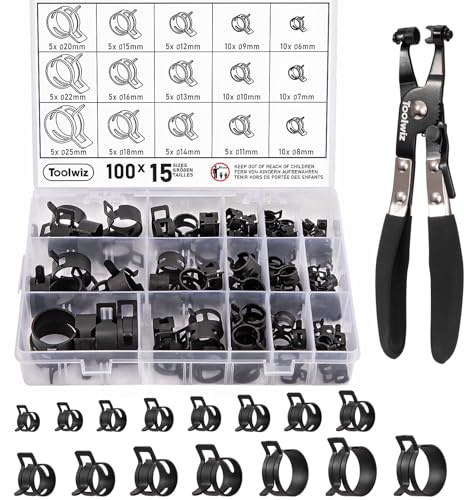 Toolwiz 100Pcs 6-25mm Spring Band Hose Clamp Assortment with Swivel Clamp Pliers, Constant Tension Radiator Hose Clamps, Black Hose Clips for Fuel Line, Silicone Vacuum Hose, Air Tube, Water Pipe