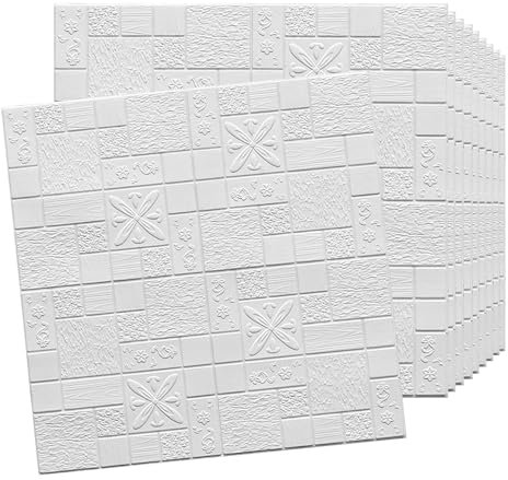 10 Stück 3D-Strukturtapeten, selbstklebend, 3D-Wandpaneele aus Schaumstoff, Wandumstoff, Wandaufkleber zum Abziehen und Aufkleben, wasserdicht und zum Selbermachen, leicht zu schneiden, weiß