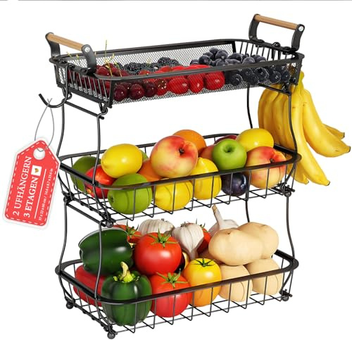 aichilra Cesta de frutas de 3 niveles con 2 plátanos, gran capacidad, cesta de malla de metal para pan, aperitivos, verduras