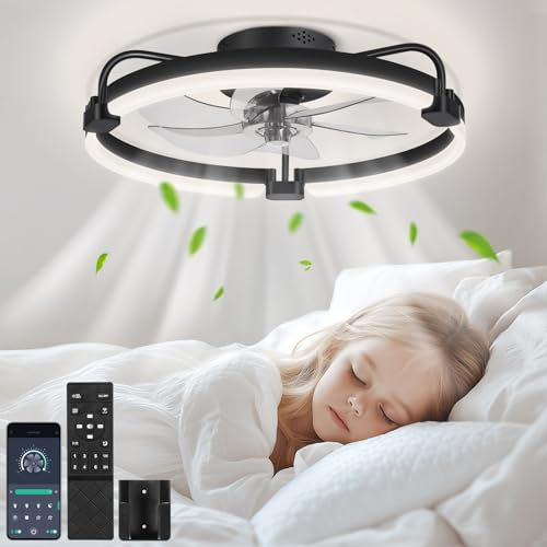 OUTON 50cm Ventilatore da Soffitto con Luce e Telecomando, 3000-6500K Dimmerabile, 6 Velocità Reversibili, Timer, Memoria, Lampada Ventilatore da Soffitto per Camera da Letto Soggiorno Cucina, Nero
