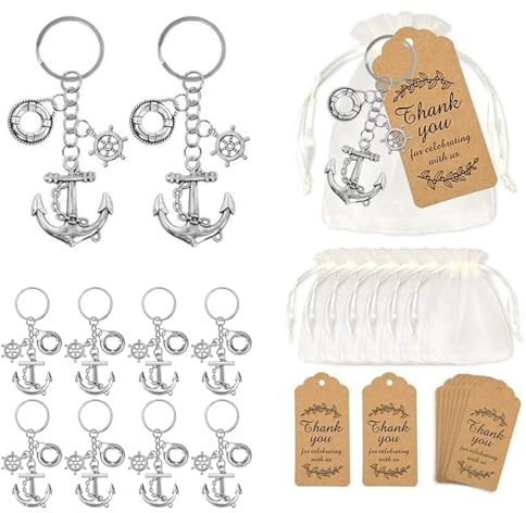 Yunmoxiao Set di 10 portachiavi a forma di ancora, bomboniere per gli ospiti, souvenir creativi con sacchetti regalo con coulisse ed etichette di ringraziamento per decorazioni a tema nautico per