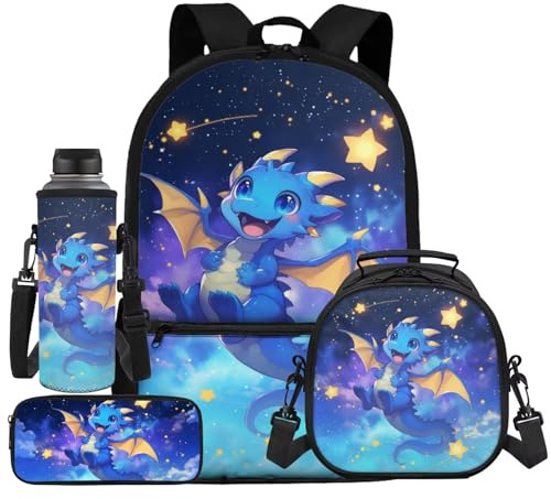 UOIMAG Galaxy Dragon Backpack Boys School Bag and Lunch Box Set with Stars Water Bottle Holder Pencil Case 4Pcs Sets