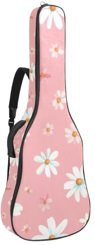 KengjuTesu 43 Zoll Akustikgitarre Softcase mit Rucksackgurt und 2 Taschen Weiß Floral Hintergrund Keine Polsterung Rucksack Wasserdicht Oxford Tuch Bassgitarre Gigbag für Konzertgitarre, Mehrfarbig 1