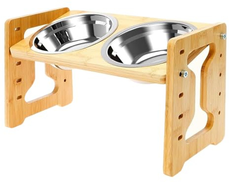 Erhöhter Hundenapf - Doppelter Erhöhter Futternapfständer,Doppelter Edelstahl Anti-Schling Napf Mit Höhenverstellbarem Holzgestell Für Futter Und Wasser
