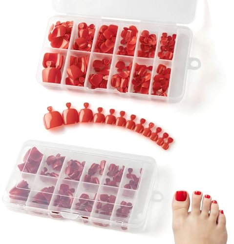 Colexy 240 Stück Falsche Fußnägel Kit, Fußnägel zum Aufkleben, Künstliche Zehennägel Set, 12 Größen, Kurze Quadratische Full-Cover-Zehennägel für Damen, DIY, Maniküre, Alltag (Rot)