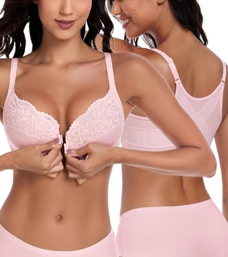 Lemorosy Reggiseno Donna Chiusura Anteriore Davanti Basic Pizzo con Ferretto Schiena a X per Taglie Forti (Rosa,3C)