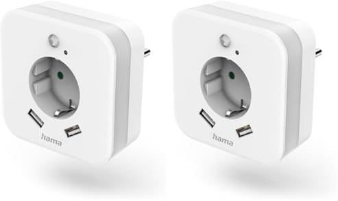 Hama LED Nachtlicht mit Steckdose, 2 USB A Ausgänge, Bewegungssensor, Lichtsensor (Orientierungslicht, Stilllicht, für Babys, Kinder, Erwachsene, Schlummerlicht, Nachtleuchte, Schlaflampe) weiß