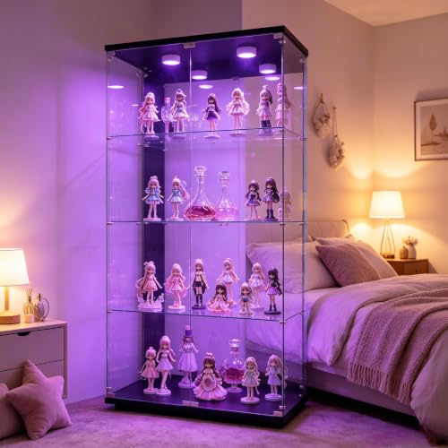 Display Cabinet with Glass Doors and Lights, Free Standing Glass Showcase Cabinet with Lock 4-Shelf Mirror Back Panel Glass Bookcase Storage Cabinet Transparent Glass Display Case for Collectibles