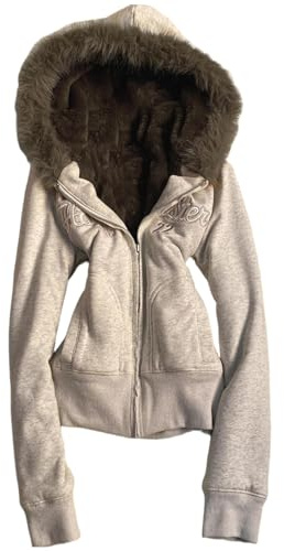 ORANDESIGNE Y2K Felpa con Cappuccio in Pelliccia Sintetica Donna Cerniera Cappotto Lungo Slim Fit con Collo di Pelliccia Harajuku Vintage Giacca | Y2k Clothes, giacca invernale con cerniera, vintage, grunge streetwear, swag clothes, giacca in pelliccia, slim fit