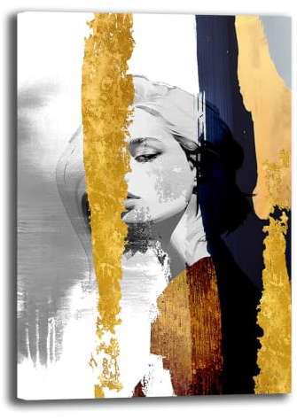 Printerland Quadro Moderno Astratto Donna Volto Ragazza su Tela – Stampa Artistica Oro Gold – Decorazione Parete per Soggiorno, Camera da Letto, Ufficio (3, 70x100 cm, Canvas intelaiato)