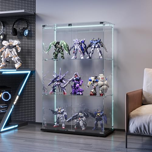 DULRLLY Glasvitrine Stehend mit LED Beleuchtung für Sammlung, Vitrine in Schwarz mit Schloss, Modern Sammlervitrine mit 3 Verstellbaren Glasregal & 2 TüR für Wohnzimmer Schlafzimmer Büro,124x80x35cm