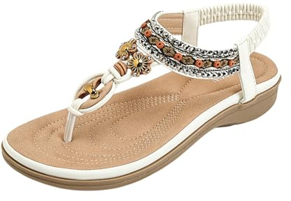 Genérico sandalias mujer comodas,sandalias blancas planas, planas con tiras en T y cuentas para, con piedras preciosas de colores y elástico Sandalia Punta Cerrada (White, 37)