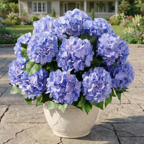 Sousi Hydrangea Artificial Flower for Outdoor, 4 Bundles Fake Hydrangea Bush Plant UV Resistant for Outdoors Front Porch Indoor Home Garden Decor(Blue)