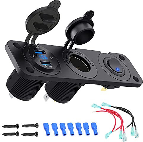 Quick Charge 3.0 USB Steckdose Auto 12V KFZ Ladegerät Einbau Buchse Wasserdicht Zigarettenanzünder Adapter USB Dose mit LED Voltmeter Spannungsanzeige 36W QC 3.0 für Wippschalter Panel auf LKW ATV RV