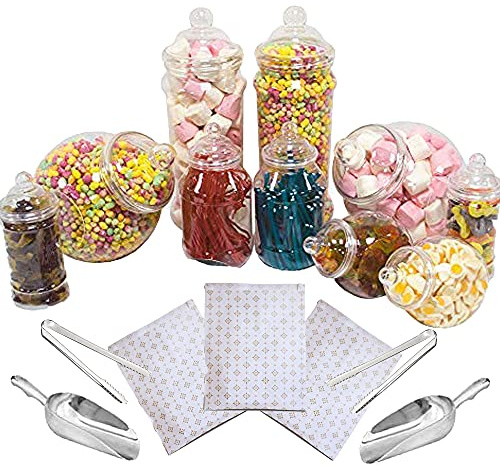 Purple Square 10 Mixed Jar Retro Pick & Mix Victorian Sweet Shop Candy Buffet Kit Party Pack with Scoops, Tongs & Bags - Gold Stars Bags