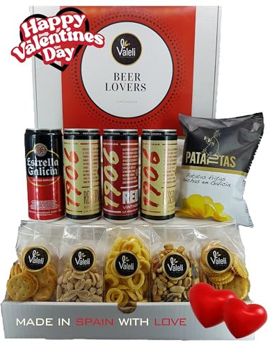 Valeli.Cesta Cervezas Estrella Galicia. Cesta gourmet regalo original con frutos secos y snacks. Regalo para él, ella, amigo, SAN VALENTÍN, cumpleaños, padre, enamorados (ESTRELLA GALICIA)