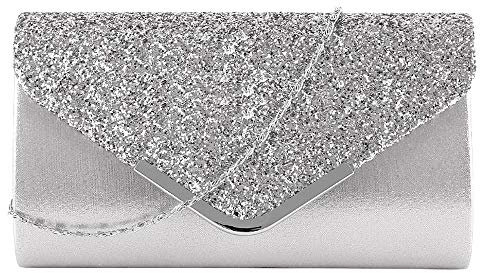 Milya Damen Glitzer Clutch Strass Abendtasche, Braut Envelope Handtasche Hochzeit Party Unterarmtasche Umhängetasche Schultertasche mit Schulterkette, Silber