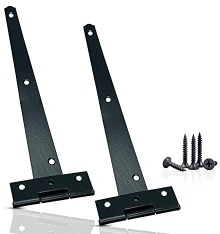 Garden Gate Hinges for Wooden Shed - 10 Inch 2Pcs Weather & Rustproof Powder Coating Metal Tee Strap Black Door Hinges for Garden Shed, Window, Fence, and Barn