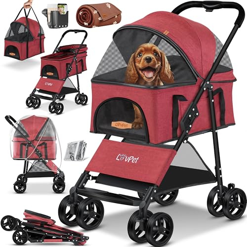 LOVPET® carro para perros 2 en 1, cochecito para perros caja para perros, bolsa de transporte plegable, hasta 20 kg, cochecito para mascotas con ventanas de malla y cubierta de protección Rojo