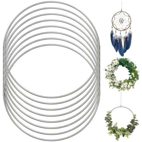 8 Pezzi Anelli di Metallo Diametro 20 cm Rivestimento Argento Spessore Circa 3 mm Forniture Fai da Te Acchiappasogni Fiori Ghirlanda di Nozze Pizzo Appeso a Parete (Argento)