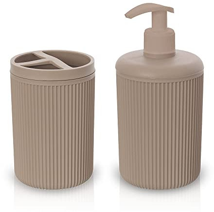 Inbagno Set Accessori Bagno 2 Pezzi Colorati Tortora, Dispenser e portaspazzolini, in Resina, Linea Ring