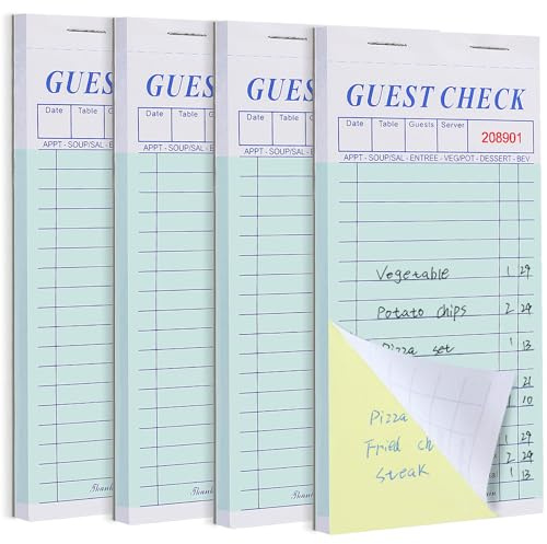 Lot de 4 blocs-notes à double partie pour serveurs, serveuse pour restaurants, commandes alimentaires, 100 feuilles/bloc, copie carbone pour les chèques d'invités