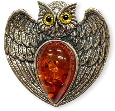 Victorian Style Wise Owl Silver Brooch or Silver Pendant with Amber Stone 925 Sterling Silver (Brooch)