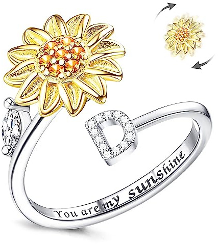 Fidget Ringar för kvinnor, Kucheed Sunflower Justerbar Storlek Spinner Ring, Silver Stapelbar Stress Relief Anti-Angest Letter Finger Circle, Graverad You Are My Sunshine Inuti Smyckesringen(D)