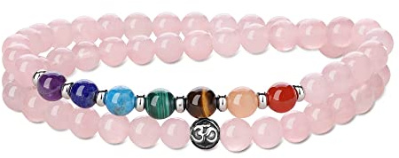 GAVU Damen Yoga Armband OM Charm Kristall Perlenarmband aus Rosenquarz Größe M