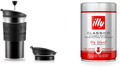 BODUM K11102-01 Travel Press Set Coffee Maker with Extra Lid, 0.35 L/12 oz - Black & illy Coffee, Classico Filter Coffee, Medium Roast, 100% Arabica Coffee Beans, 250g