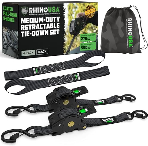 Rhino USA Retractable Ratchet Straps (2-Pack) - 2.5cm x 3m (540kg Break Strength) - Heavy Duty Auto Self-Retracting Tie Down Straps for Truck, Cargo Trailer, Motorcycle, Bike & More - Black