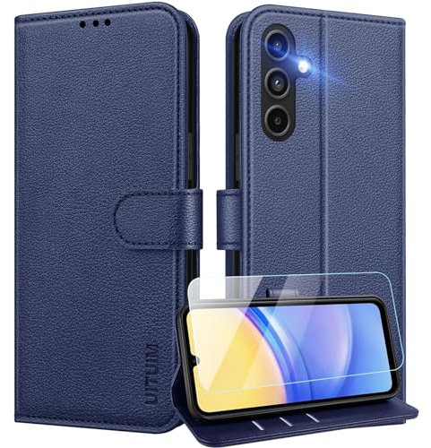 UITUIM Custodia per Samsung Galaxy A15 4G/5G - Portafoglio in Pelle con Vetro Temperato, Porta Carte, Flip Case Protettiva, Blu
