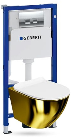 Lavita Duofix Basic Vorwandelement + Wand Tiefspül WC Sofi Slim Gold/Weiß Spülrandlos + WC Sitz + Bedienplatte Delta 25 Verchromt Knopf Komplettset Unterputz Spülkasten Toilette Komplett Sett WC
