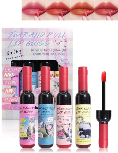 4 Colors Wine Lip Tint Stain Set, Roter Tattoo Lip Stain Peel Off, Long Lasting 24 H, Waterproof, Non-Stick Cup Moisturizing Liquid Lipgloss, Hochpigmentiert Peel Off Lipgloss Makeup für Frauen