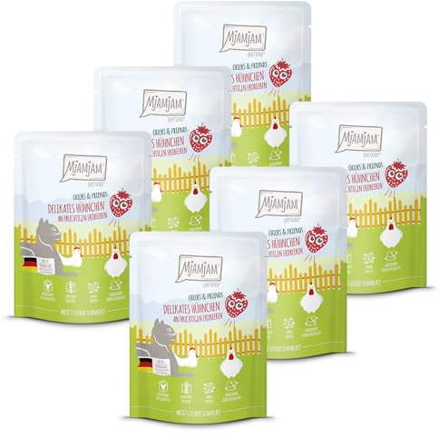 MjAMjAM - Premium Alimentation Humide pour Chats - Quetschie - Chicks & Friends Poulet délicat aux Fraises fruitées, Paquet de 6 (6 x 300g), sans céréales