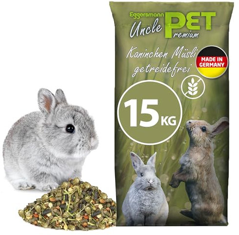 Eggersmann Uncle Pet Premium Kaninchen Müsli getreidefrei 15 kg – Kaninchenfutter mit Gemüse, Gräsern & Luzerne – Unterstützt die Verdauung & den Zahnabrieb – Getreidefreies Futter für Zwergkaninchen