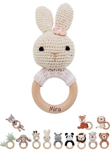 wunderwunsch® - Personalisierter Beißring Baby - Niedlicher Greifling für Baby's ab 0 Monate - Babyrassel mit Name als Baby Geschenk für Mädchen und Jungen (Hase gestreift rosa,mit Name)
