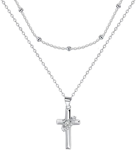 J.MUEN Collana Croce Donna Argento 925 con Cofanetto Regalo- Battesimo Regalo di Comunione