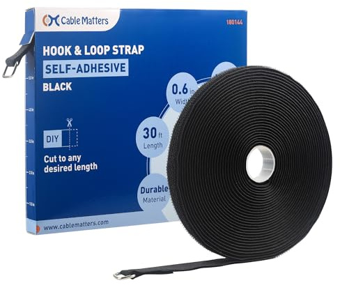 Cable Matters correas de gancho y bucle con hebilla, rollo de 9 m con 45 hebillas metálicas, bridas ajustables para cables (15 mm de ancho), negro