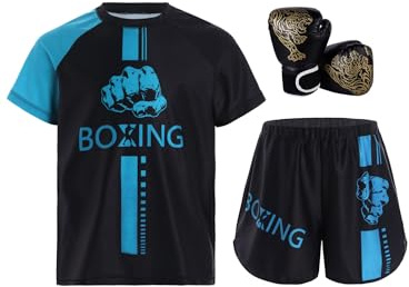 Miutii 3 delar barn pojkar träningsoverall boxning kläder muay thai shorts kickboxning korta byxor T-shirt boxningshandskar Thai MMA kampsport träning sport set, 170-176